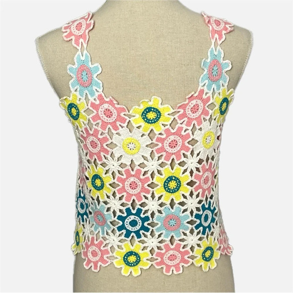 SHEIN Crochet Floral Tank Top Multi Coloured Size 4 Beach Boho Festival - Picture 2 of 8